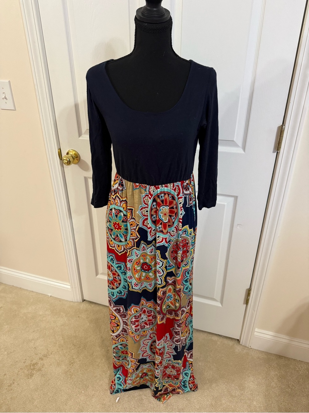 Navy Scoop-Neck Maxi Dress with Multicolor Medallion Skirt